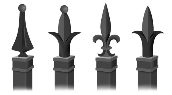 Decorative fence finials - Quad Flare, Ball-Top Triad, Fleur-de-Lis, and Triad Finials