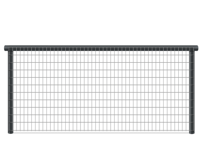 Black metal pipe fence with wire mesh welded to it