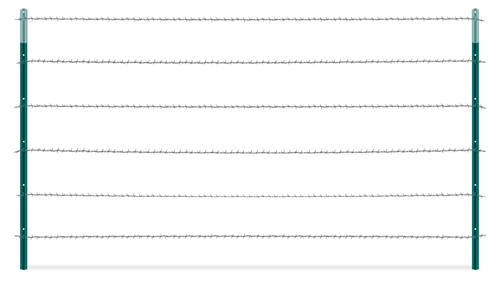 Barbed wire T-post fence with H-brace for farms in the San Antonio, Texas area.